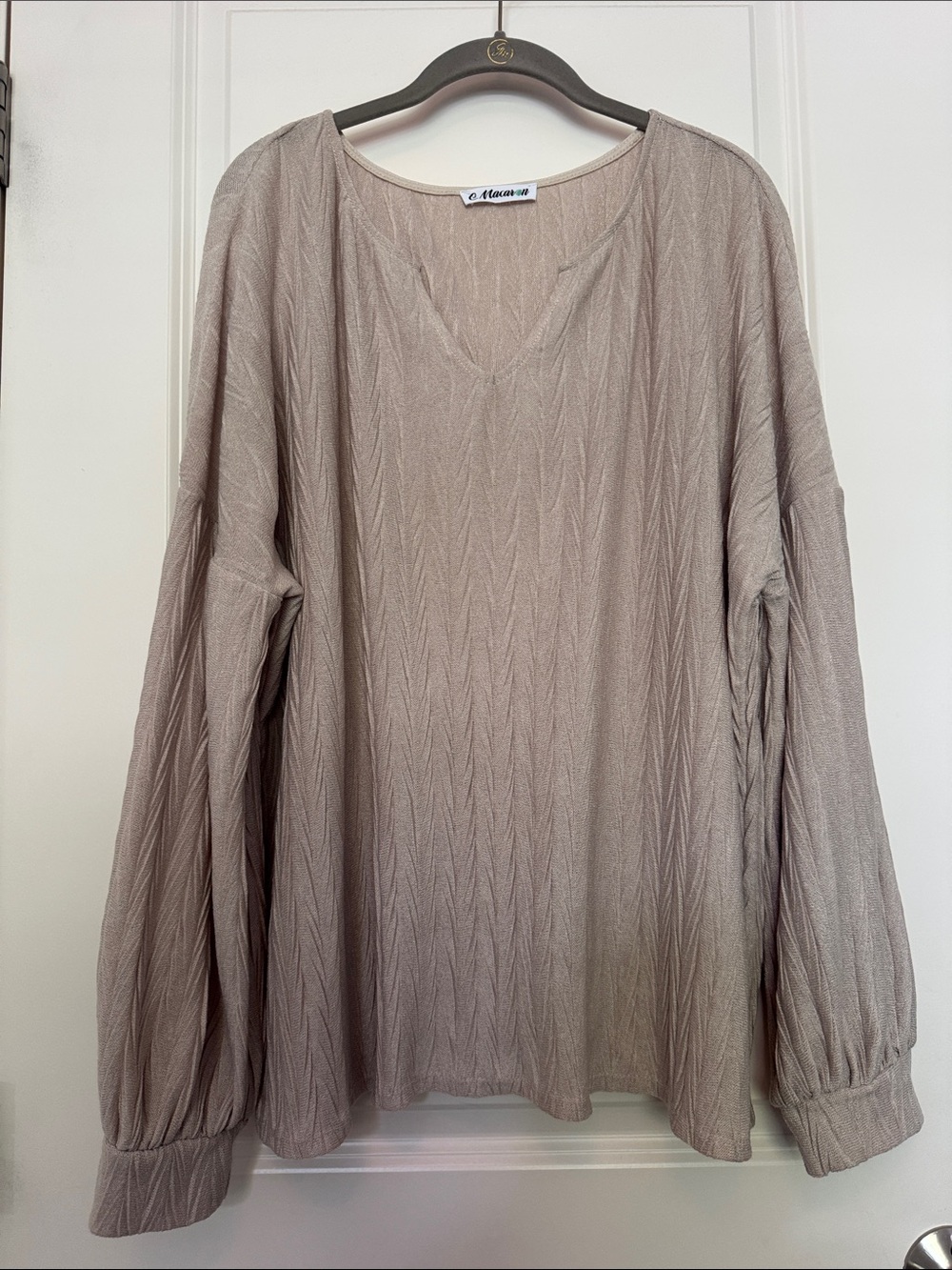 MACARON Taupe Textured V-Neck Long Sleeve Top